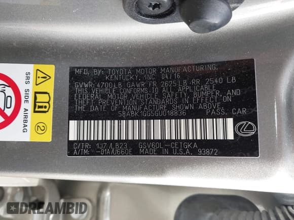 ✅ 2016 Lexus ES 330 • VIN: 58ABK1GG5GU018836 • Lot: 43635193. Listed on IAAI with 37,600 mi. Free auction sales archive from the USA and detailed vehicle history report at DreamBid. Image 9.