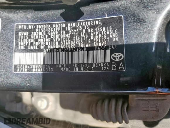 ✅ 2015 Toyota Corolla S Plus • VIN: 5YFBURHE2FP274588 • Лот: 68352425. Опубликован ранее на Copart с пробегом 102 195 миль. Бесплатный доступ к архиву аукционных продаж из США и подробный отчёт об истории автомобиля на DreamBid. Изображение 12.