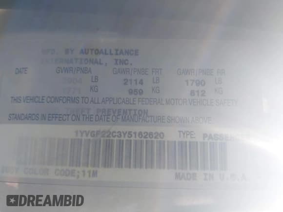 ✅ 2000 Mazda 626 LX • VIN: 1YVGF22C3Y5162620 • Lot: 43216503. Listed on IAAI with Not provided. Free auction sales archive from the USA and detailed vehicle history report at DreamBid. Image 9.