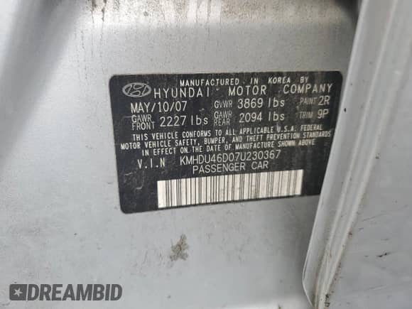 2007 Hyundai Elantra GLS z VIN KMHDU46D07U230367, wystawiony jako Copart lot #68610874 z przebiegiem Nie podano mil oraz Szkoda całkowita • Salvage title. Historia ofert i sprzedaży dostępna na DreamBid. Obrazek 12.