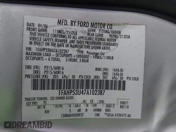 ✅ 2007 Ford Taurus SE • VIN: 1FAHP53U47A102387 • Lot: 43825282. Listed on IAAI with 225,514 mi. Free auction sales archive from the USA and detailed vehicle history report at DreamBid. Image 9.