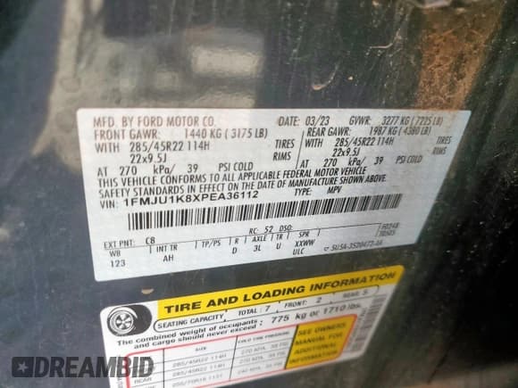 ✅ 2023 Ford Expedition Limited • VIN: 1FMJU1K8XPEA36112 • Lot: 92941925. Listed on Copart with Not provided. Free auction sales archive from the USA and detailed vehicle history report at DreamBid. Image 14.