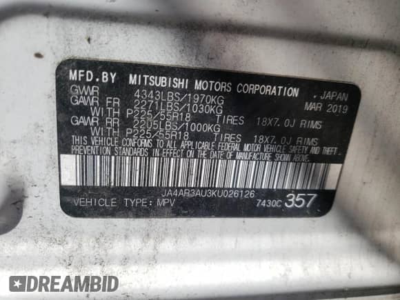 2019 Mitsubishi Outlander ES z VIN JA4AR3AU3KU026126, wystawiony jako Copart lot #69208035 z przebiegiem 103 638 mil mil oraz Szkoda całkowita • Salvage title. Historia ofert i sprzedaży dostępna na DreamBid. Obrazek 13.