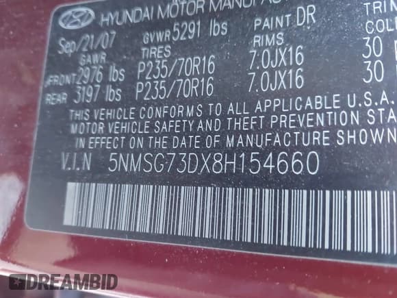 ✅ 2008 Hyundai Santa Fe GLS • VIN: 5NMSG73DX8H154660 • Lot: 43733100. Listed on IAAI with 206,277 mi. Free auction sales archive from the USA and detailed vehicle history report at DreamBid. Image 9.