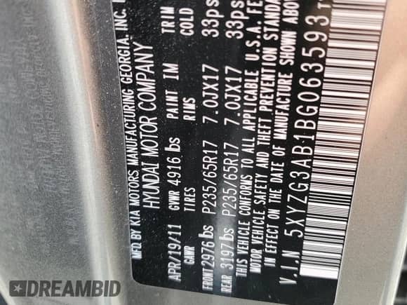 2011 Hyundai Santa Fe GLS с VIN 5XYZG3AB1BG063593, выставлен на аукционе Copart как лот 70283324 с пробегом 80 865 миль миль и Списание • Salvage title. История ставок и продаж доступна на DreamBid. Изображение 13.