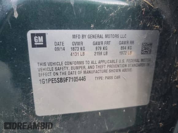 2015 Chevrolet Cruze LT with VIN 1G1PE5SB9F7105446, listed as a Copart auction lot 91080625 with Not provided miles and Salvage title. Bid and sale history available at DreamBid. Image 12.