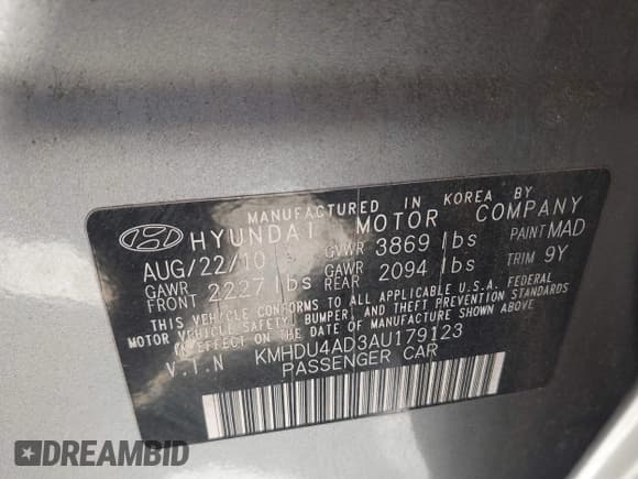 ✅ 2010 Hyundai Elantra SE • VIN: KMHDU4AD3AU179123 • Lot: 43637537. Listed on IAAI with 131,064 mi. Free auction sales archive from the USA and detailed vehicle history report at DreamBid. Image 9.