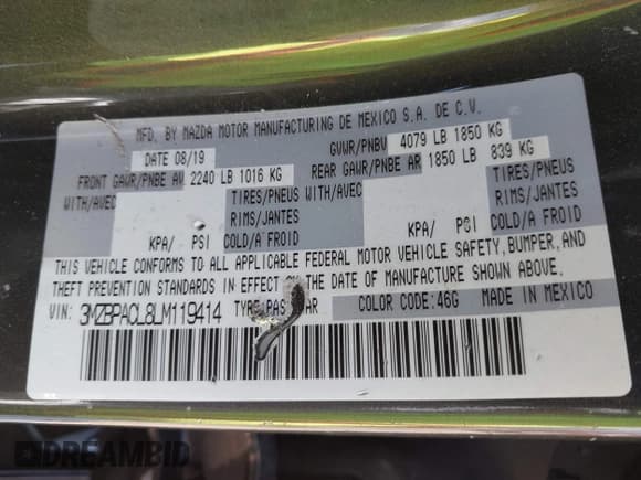 ✅ 2020 Mazda 3 Select • VIN: 3MZBPACL8LM119414 • Lot: 43220934. Listed on IAAI with 36,425 mi. Free auction sales archive from the USA and detailed vehicle history report at DreamBid. Image 9.