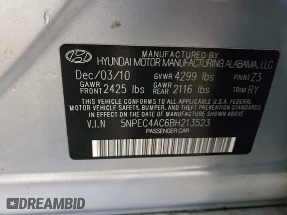 ✅ 2011 Hyundai Sonata SE • VIN: 5NPEC4AC6BH213523 • Lot: 74779134. Listed on Copart with 243,778 mi. Free auction sales archive from the USA and detailed vehicle history report at DreamBid. Image 12.