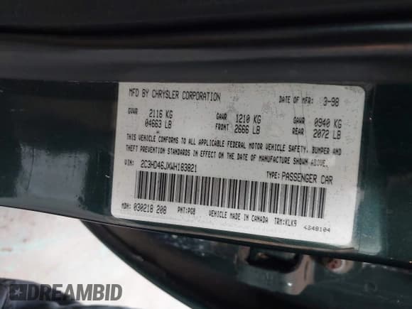 ✅ 1998 Chrysler Concorde • VIN: 2C3HD46JXWH183821 • Lot: 42701035. Listed on IAAI with 92,214 mi. Free auction sales archive from the USA and detailed vehicle history report at DreamBid. Image 9.