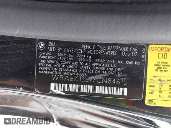 ✅ 2007 BMW 6 Series 650i • VIN: WBAEK13527CN84615 • Lot: 42581533. Wystawiony na IAAI z przebiegiem 115 357 mil. Bezpłatny archiwum sprzedaży aukcyjnych z USA i szczegółowy raport historii pojazdu na DreamBid. Zdjęcie 9.