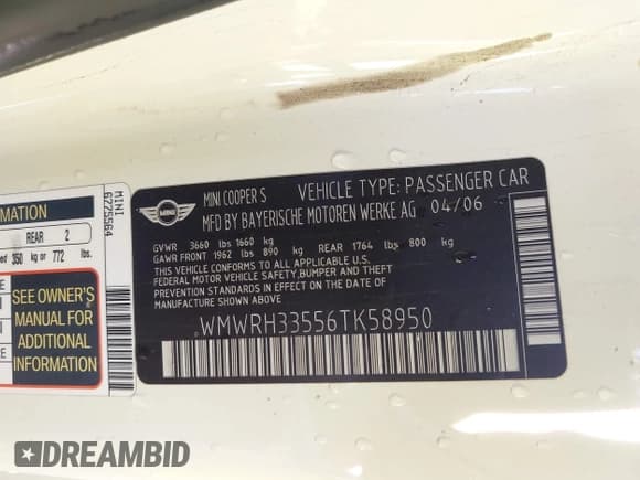 ✅ 2006 MINI Convertible S • VIN: WMWRH33556TK58950 • Lot: 43758981. Listed on IAAI with 76,278 mi. Free auction sales archive from the USA and detailed vehicle history report at DreamBid. Image 9.