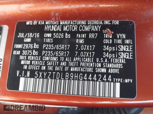 2017 Hyundai Santa Fe 2.4L with VIN 5XYZTDLB9HG444244, listed as a IAAI auction lot 43144566 with 150,150 mi miles and . Bid and sale history available at DreamBid. Image 9.