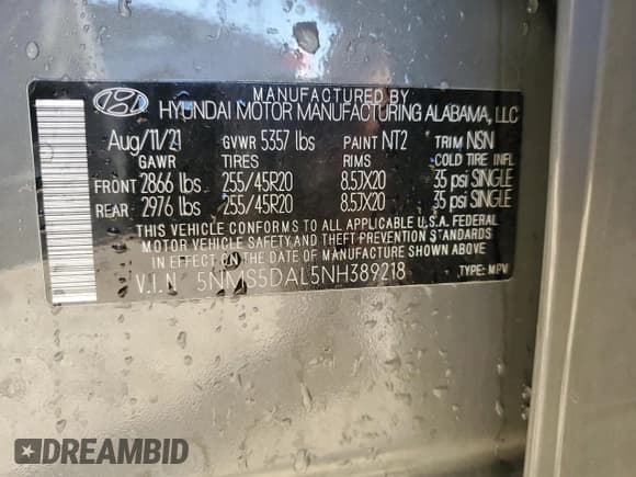✅ 2022 Hyundai Santa Fe Calligraphy • VIN: 5NMS5DAL5NH389218 • Lot: 90095975. Listed on Copart with 90,494 mi. Free auction sales archive from the USA and detailed vehicle history report at DreamBid. Image 12.