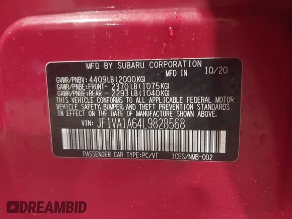 ✅ 2020 Subaru WRX • VIN: JF1VA1A64L9828568 • Lot: 43468582. Wystawiony na IAAI z przebiegiem 69 337 mil. Bezpłatny archiwum sprzedaży aukcyjnych z USA i szczegółowy raport historii pojazdu na DreamBid. Zdjęcie 9.