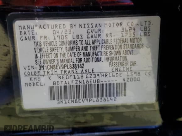 ✅ 2023 Nissan Versa SV • VIN: 3N1CN8EV9PL838142 • Лот: 90654395. Опубликован ранее на Copart с пробегом 61 956 миль. Бесплатный доступ к архиву аукционных продаж из США и подробный отчёт об истории автомобиля на DreamBid. Изображение 13.