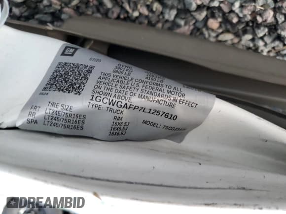 ✅ 2020 Chevrolet Express Cargo • VIN: 1GCWGAFP7L1257610 • Lot: 90265295. Listed on Copart with Not provided. Free auction sales archive from the USA and detailed vehicle history report at DreamBid. Image 13.