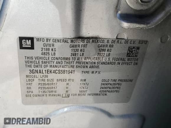 2012 Chevrolet Captiva Sport 1LS with VIN 3GNAL1EK4CS581941, listed as a Copart auction lot 57360555 with 277,824 mi miles and Clean title. Bid and sale history available at DreamBid. Image 13.