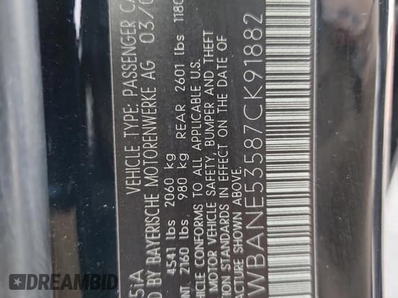 ✅ 2007 BMW 5 Series 525i • VIN: WBANE53587CK91882 • Lot: 89504445. Listed on Copart with 256,660 mi. Free auction sales archive from the USA and detailed vehicle history report at DreamBid. Image 12.