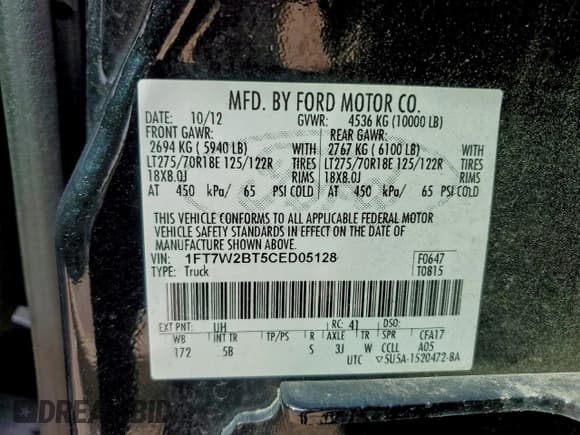 ✅ 2012 Ford F-250 Lariat • VIN: 1FT7W2BT5CED05128 • Lot: 92630475. Listed on Copart with 218,559 mi. Free auction sales archive from the USA and detailed vehicle history report at DreamBid. Image 13.