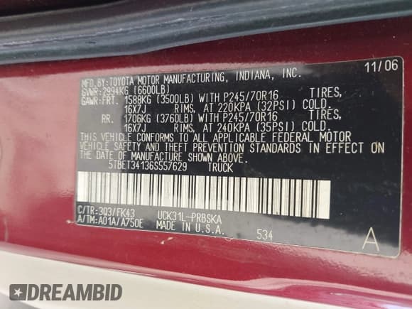 ✅ 2006 Toyota Tundra SR5 • VIN: 5TBET34136S557629 • Lot: 43014854. Listed on IAAI with 177,873 mi. Free auction sales archive from the USA and detailed vehicle history report at DreamBid. Image 9.