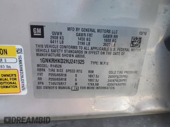 2017 Chevrolet Traverse LT с VIN 1GNKRHKD2HJ241925, выставлен на аукционе Copart как лот 87108395 с пробегом 155 015 миль миль и Списание • Salvage title. История ставок и продаж доступна на DreamBid. Изображение 13.