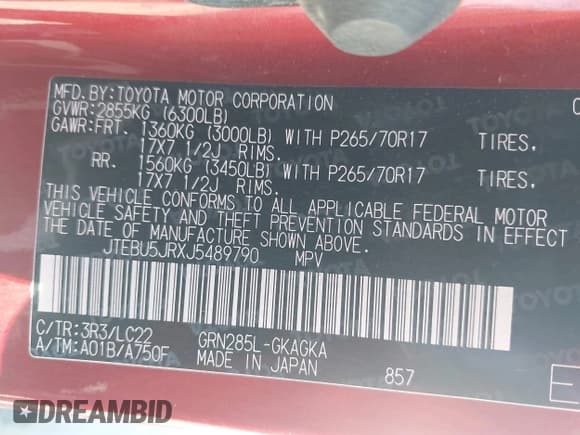 ✅ 2018 Toyota 4Runner SR5 Premium • VIN: JTEBU5JRXJ5489790 • Lot: 43795614. Listed on IAAI with Not provided. Free auction sales archive from the USA and detailed vehicle history report at DreamBid. Image 9.