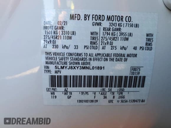 ✅ 2021 Lincoln Aviator Grand Touring • VIN: 5LMYJ8XY3MNL01891 • Лот: 46191185. Опубликован ранее на Copart с пробегом 39 895 миль. Бесплатный доступ к архиву аукционных продаж из США и подробный отчёт об истории автомобиля на DreamBid. Изображение 14.