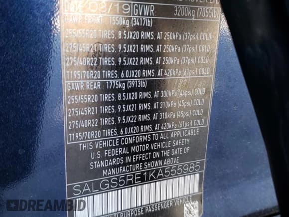 ✅ 2019 Land Rover Range Rover • VIN: SALGS5RE1KA555985 • Lot: 42646015. Listed on Copart with 53,265 mi. Free auction sales archive from the USA and detailed vehicle history report at DreamBid. Image 16.