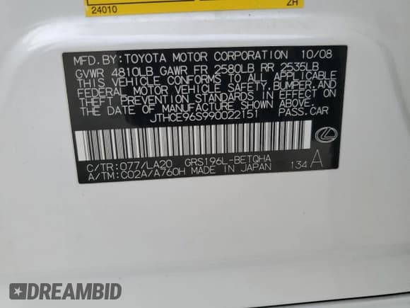 ✅ 2009 Lexus GS 350 • VIN: JTHCE96S990022151 • Lot: 65160115. Listed on Copart with 153,087 mi. Free auction sales archive from the USA and detailed vehicle history report at DreamBid. Image 12.