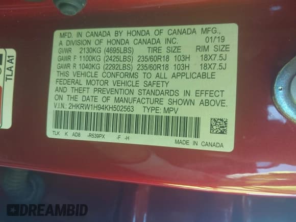 ✅ 2019 Honda CR-V Touring • VIN: 2HKRW1H94KH502563 • Lot: 43573536. Listed on IAAI with 42,050 mi. Free auction sales archive from the USA and detailed vehicle history report at DreamBid. Image 9.