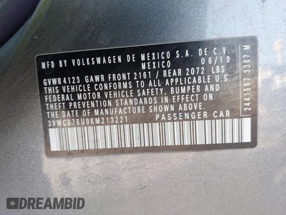 ✅ 2019 Volkswagen Jetta S • VIN: 3VWCB7BU9KM213221 • Lot: 43545956. Listed on IAAI with 136,738 mi. Free auction sales archive from the USA and detailed vehicle history report at DreamBid. Image 9.