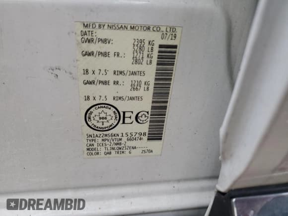 ✅ 2019 Nissan Murano SL • VIN: 5N1AZ2MS6KN155798 • Lot: 92907185. Listed on Copart with Not provided. Free auction sales archive from the USA and detailed vehicle history report at DreamBid. Image 13.