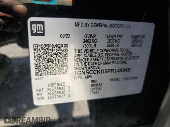 ✅ 2023 Chevrolet Suburban LT • VIN: 1GNSCCKD5PR148949 • Лот: 61658625. Опубликован ранее на Copart с пробегом 103 447 миль. Бесплатный доступ к архиву аукционных продаж из США и подробный отчёт об истории автомобиля на DreamBid. Изображение 13.