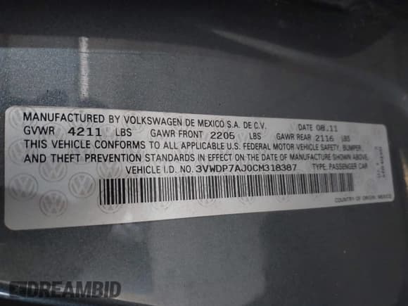 ✅ 2012 Volkswagen Jetta SE • VIN: 3VWDP7AJ0CM318387 • Lot: 43900337. Listed on IAAI with 240,750 mi. Free auction sales archive from the USA and detailed vehicle history report at DreamBid. Image 9.