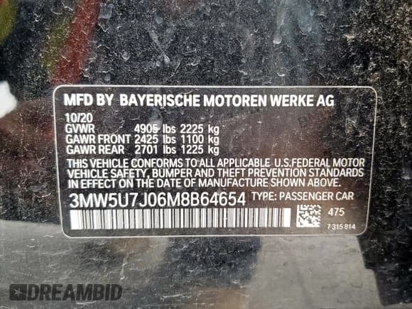 ✅ 2021 BMW 3 Series M340i • VIN: 3MW5U7J06M8B64654 • Lot: 71681705. Listed on Copart with 37,033 mi. Free auction sales archive from the USA and detailed vehicle history report at DreamBid. Image 12.