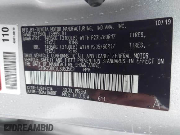 ✅ 2020 Toyota Sienna LE Auto Access Seat • VIN: 5TDKZ3DC2LS053563 • Лот: 41592409. Опубликован ранее на IAAI с пробегом 55 128 миль. Бесплатный доступ к архиву аукционных продаж из США и подробный отчёт об истории автомобиля на DreamBid. Изображение 9.