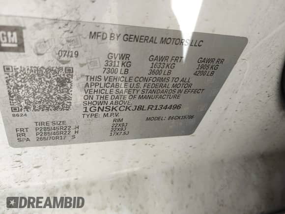 2020 Chevrolet Tahoe Premier with VIN 1GNSKCKJ8LR134496, listed as a IAAI auction lot 43360495 with 118,770 mi miles and . Bid and sale history available at DreamBid. Image 9.