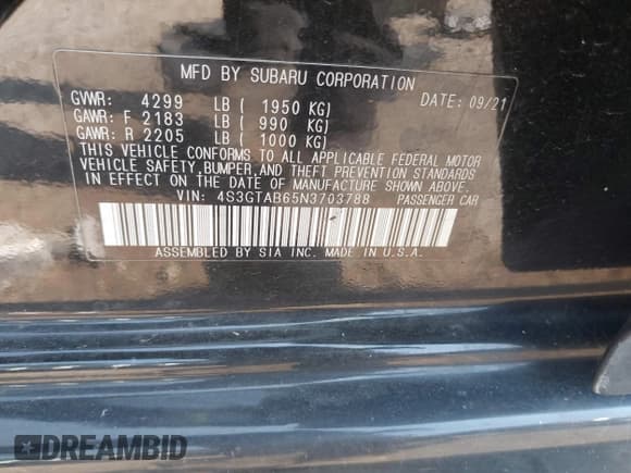 ✅ 2022 Subaru Impreza • VIN: 4S3GTAB65N3703788 • Lot: 42479689. Wystawiony na IAAI z przebiegiem 62 039 mil. Bezpłatny archiwum sprzedaży aukcyjnych z USA i szczegółowy raport historii pojazdu na DreamBid. Zdjęcie 9.