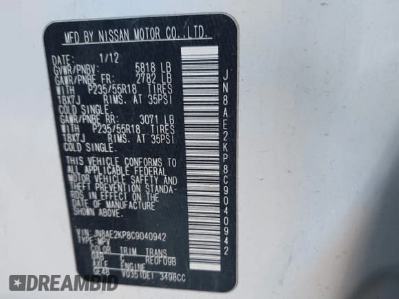 ✅ 2012 Nissan Quest S • VIN: JN8AE2KP8C9040942 • Лот: 41379190. Опубликован ранее на IAAI с пробегом 137 949 миль. Бесплатный доступ к архиву аукционных продаж из США и подробный отчёт об истории автомобиля на DreamBid. Изображение 9.
