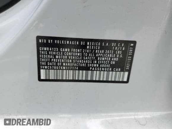 ✅ 2019 Volkswagen Jetta S • VIN: 3VWC57BU7KM117174 • Lot: 54753005. Wystawiony na Copart z przebiegiem 62 531 mil. Bezpłatny archiwum sprzedaży aukcyjnych z USA i szczegółowy raport historii pojazdu na DreamBid. Zdjęcie 12.