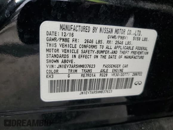 ✅ 2017 Infiniti Q50 Signature Edition • VIN: JN1EV7AR5HM837623 • Lot: 87217425. Listed on Copart with 92,001 mi. Free auction sales archive from the USA and detailed vehicle history report at DreamBid. Image 12.