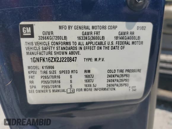 ✅ 2002 Chevrolet Suburban LT • VIN: 1GNFK16ZX2J220847 • Lot: 60745004. Wystawiony na Copart z przebiegiem 264 547 mil. Bezpłatny archiwum sprzedaży aukcyjnych z USA i szczegółowy raport historii pojazdu na DreamBid. Zdjęcie 13.