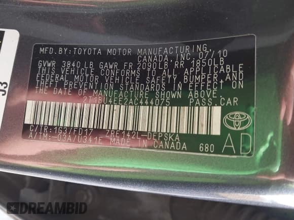 ✅ 2010 Toyota Corolla LE • VIN: 2T1BU4EE2AC444075 • Lot: 43669729. Listed on IAAI with 210,860 mi. Free auction sales archive from the USA and detailed vehicle history report at DreamBid. Image 9.