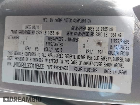 ✅ 2012 Mazda 5 Sport • VIN: JM1CW2BL3C0115906 • Lot: 42062899. Listed on IAAI with 124,286 mi. Free auction sales archive from the USA and detailed vehicle history report at DreamBid. Image 9.