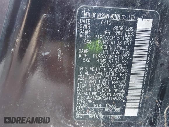 ✅ 2010 Nissan Cube S • VIN: JN8AZ2KR0AT169361 • Lot: 43733473. Wystawiony na IAAI z przebiegiem 119 102 mil. Bezpłatny archiwum sprzedaży aukcyjnych z USA i szczegółowy raport historii pojazdu na DreamBid. Zdjęcie 9.