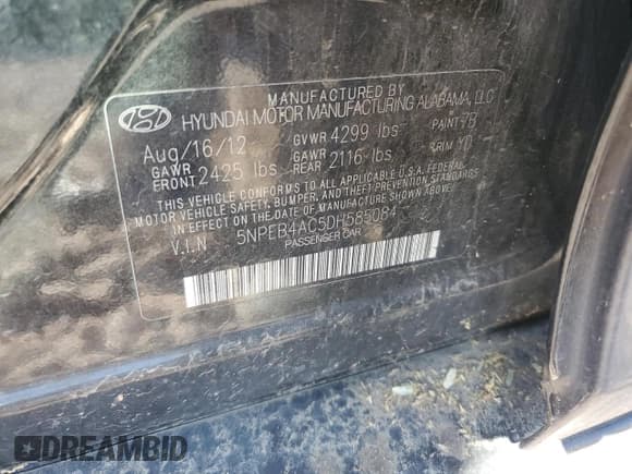 ✅ 2013 Hyundai Sonata GLS • VIN: 5NPEB4AC5DH585084 • Lot: 72099374. Listed on Copart with 219,005 mi. Free auction sales archive from the USA and detailed vehicle history report at DreamBid. Image 12.