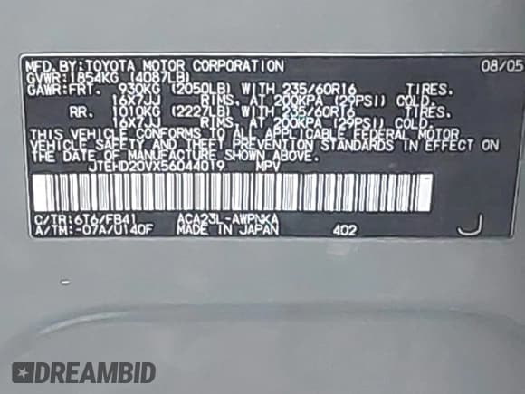✅ 2005 Toyota RAV4 • VIN: JTEHD20VX56044019 • Lot: 43684992. Wystawiony na IAAI z przebiegiem 248 184 mil. Bezpłatny archiwum sprzedaży aukcyjnych z USA i szczegółowy raport historii pojazdu na DreamBid. Zdjęcie 9.