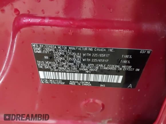 ✅ 2016 Toyota RAV4 XLE • VIN: 2T3RFREV7GW464455 • Lot: 43803958. Listed on IAAI with 85,964 mi. Free auction sales archive from the USA and detailed vehicle history report at DreamBid. Image 9.