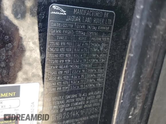 ✅ 2019 Jaguar I-Pace S • VIN: SADHB2S14K1F73583 • Lot: 49225465. Listed on Copart with 68,938 mi. Free auction sales archive from the USA and detailed vehicle history report at DreamBid. Image 13.